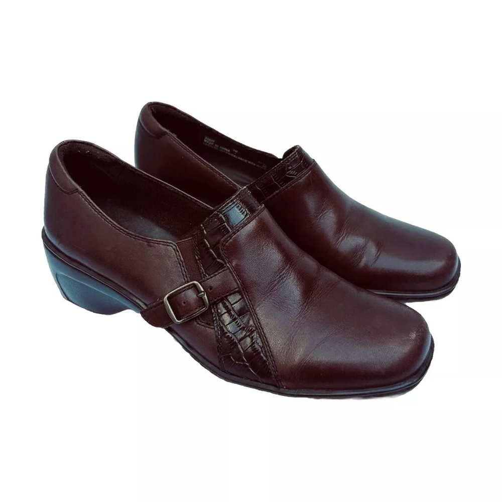 Clarks loafers WOMENS 8 brown buckle leather slip on mule snakeskin comfort shoe